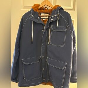 Men's Navy Blue Hooded Jacket with rust colored Lining